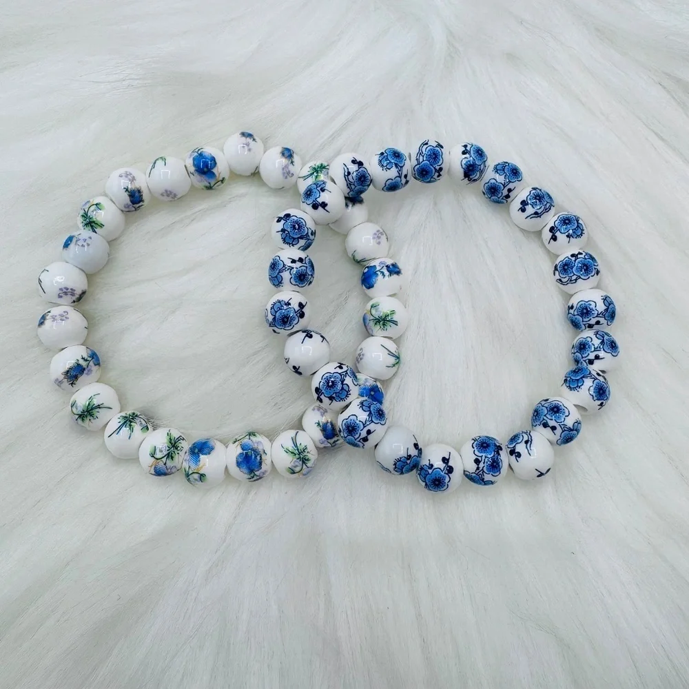 Chinese-Style Ceramic Flower Blue Beaded Bracelet Bundle